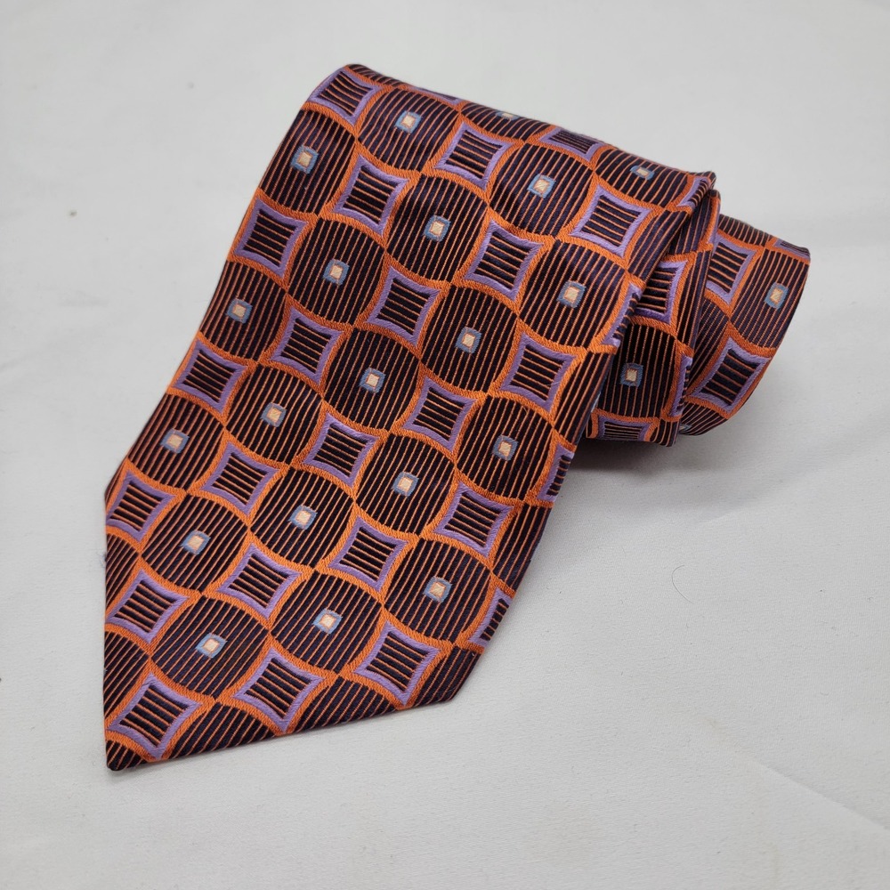 Venturi Uomo Men's 100% Silk 59‎ 1/2 x 4 Necktie Geometric Navy/Orange/Lavender